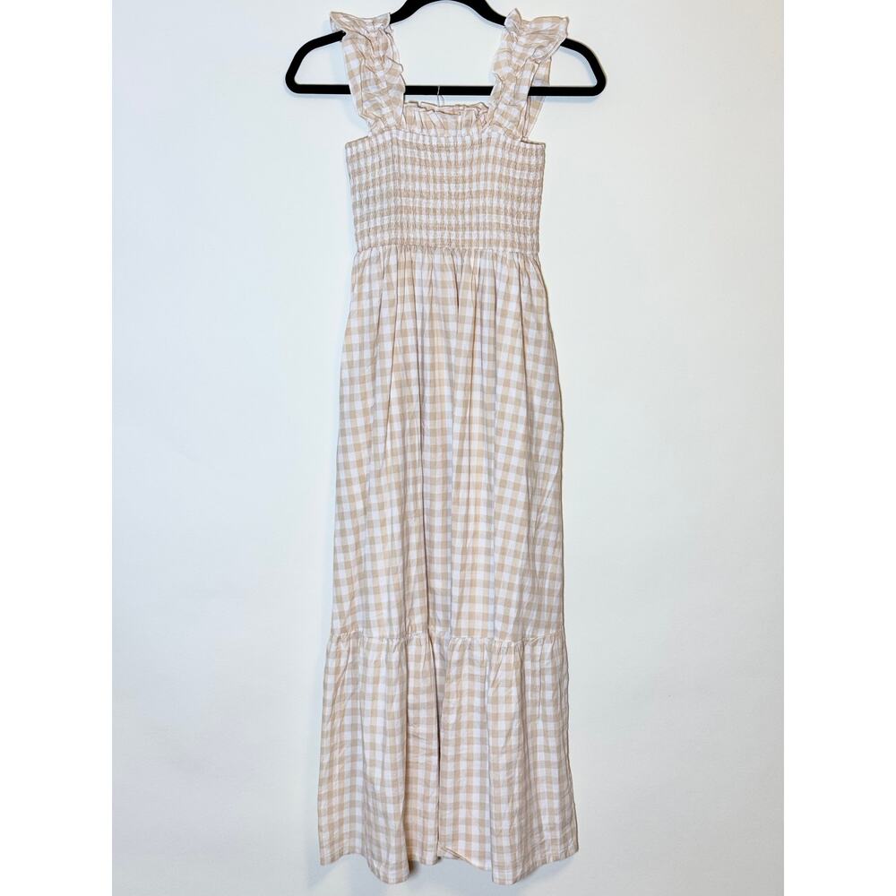 Cottagecore Gingham Smocked Dress Cotton Khaki/White – Small